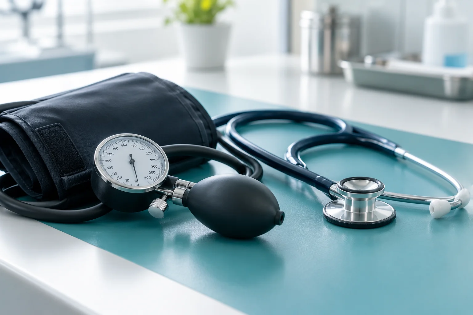 Representative AI-generated image: generic blood pressure cuff and medical instruments