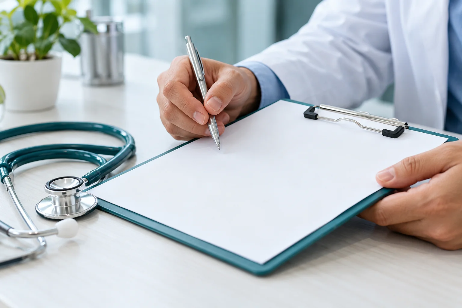Representative image of hands reviewing a blank clipboard beside a stethoscope